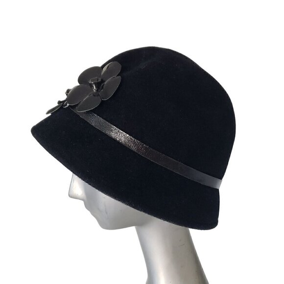 Vtg Frank Olive Patent Leather Flowers & Trim Black Wool Bucket Cloche Hat Boho main image 13
